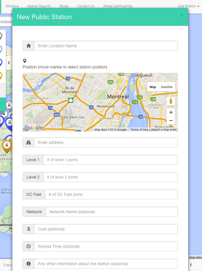 Screenshot displaying how to add a new charging station, or edit an existing station on the ChargeHub map